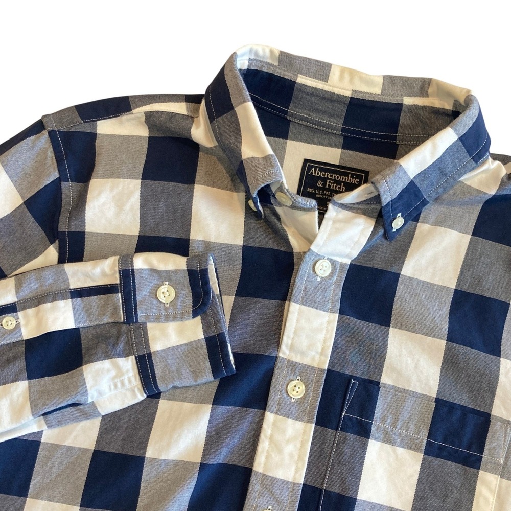 Abercrombie & Fitch Mens Small Navy Blue White Buffalo Check Cotton‎ Button Down